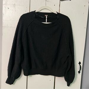Free People Black Textured Found My Friend Pullover Small Puff Sleeve Sweater